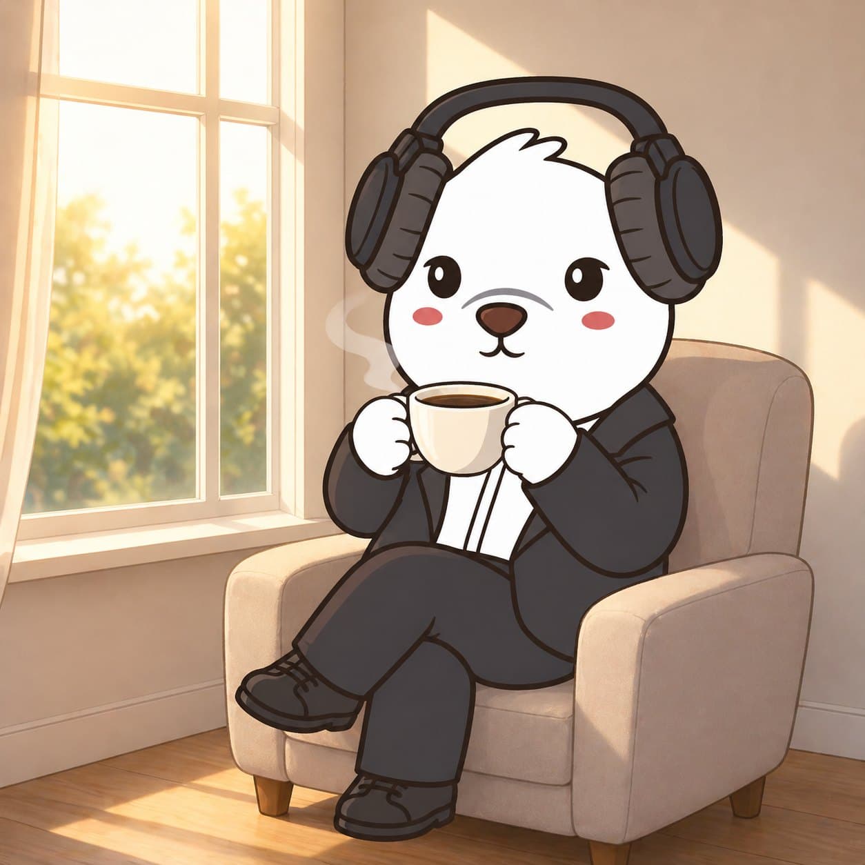 Bearish character drinking coffee by a sunny window