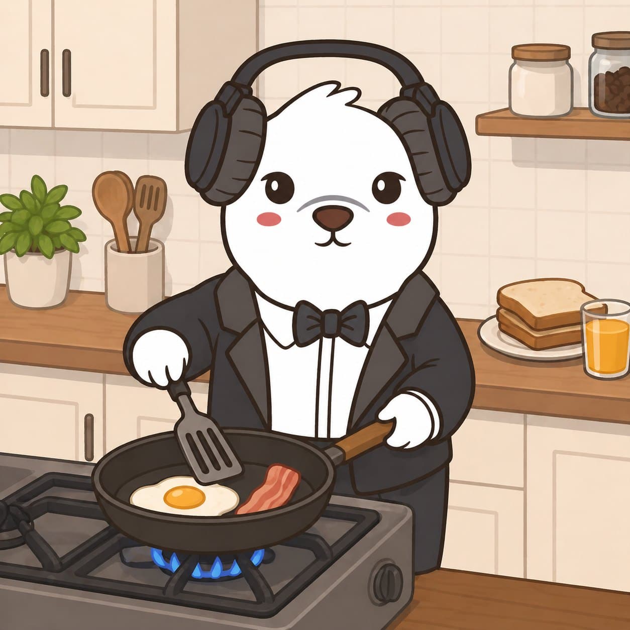 Bearish character cooking breakfast in a kitchen