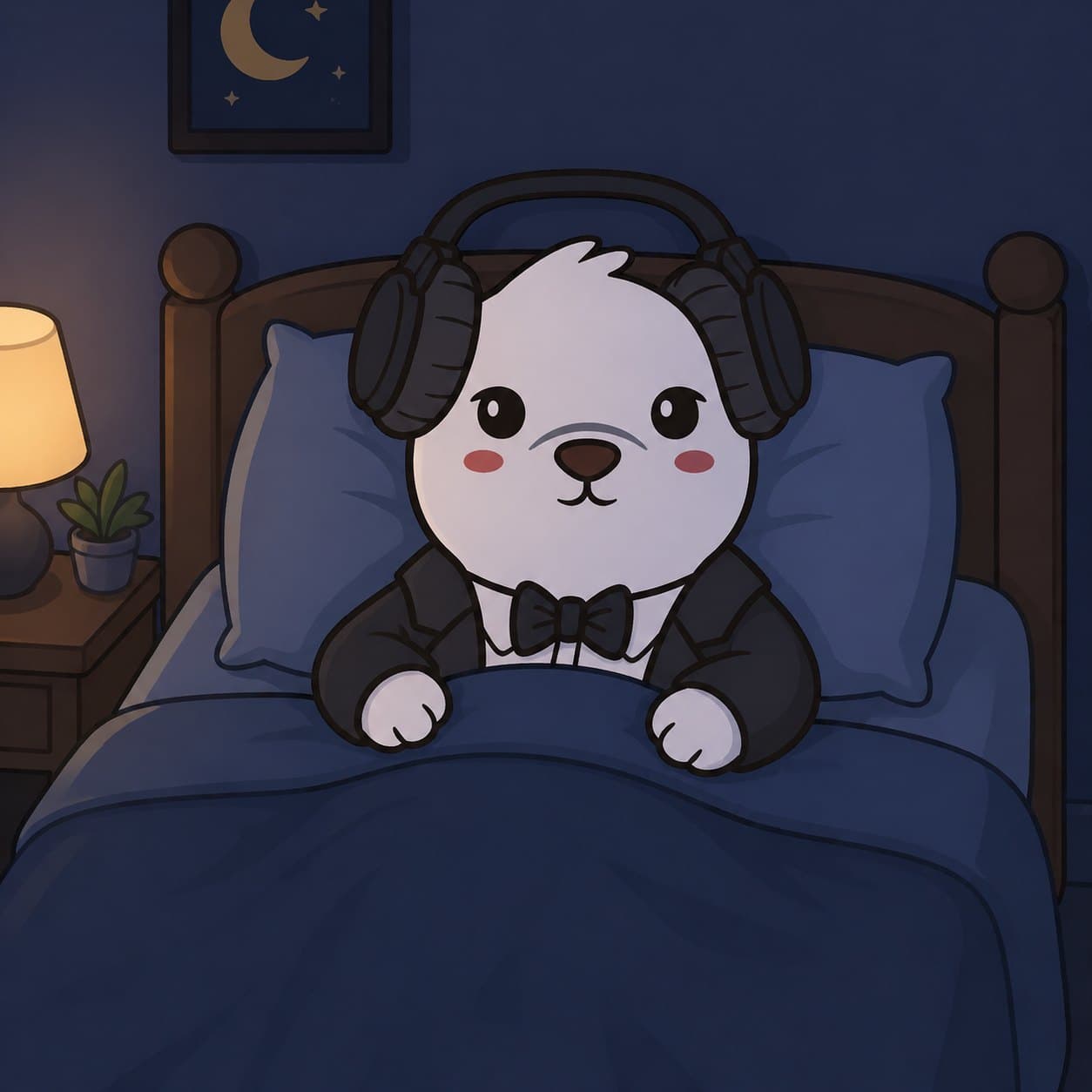 Bearish character lying in bed at night