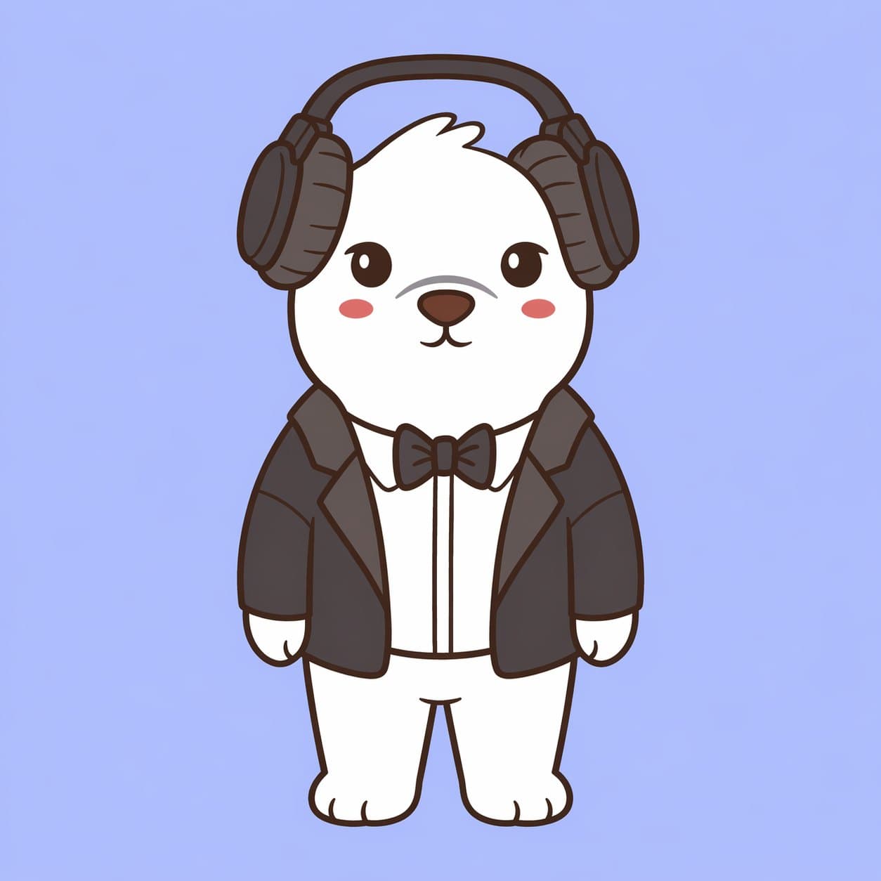 Reference Bearish character with headphones and tuxedo jacket