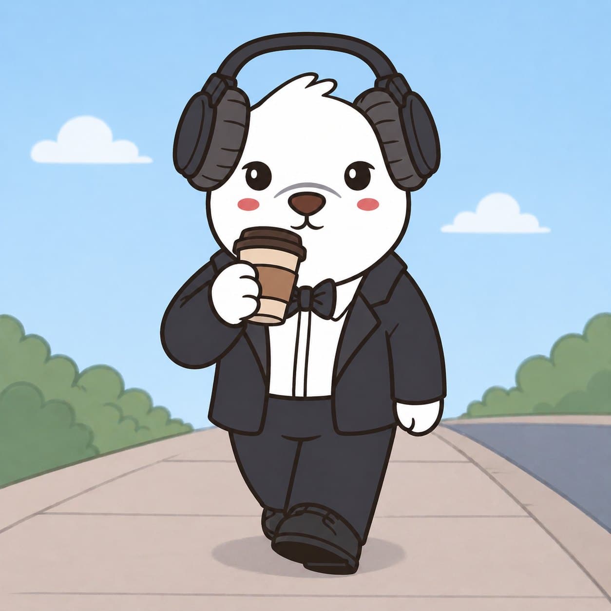 Bearish character walking outside with coffee