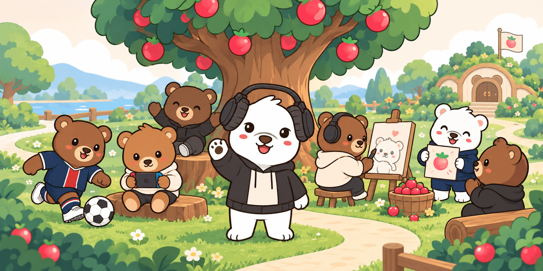 Bearish bears playing games, creating art and gathering around a Red Berry tree in a shared community park.